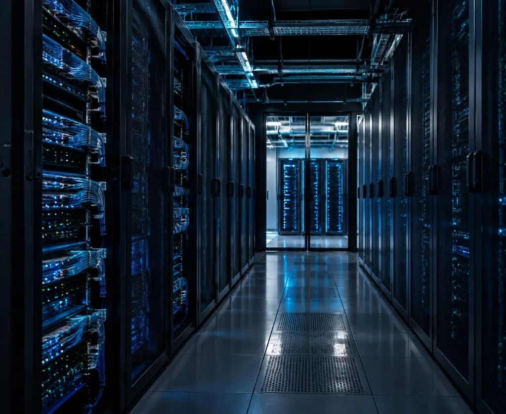 Infrastruttura server moderna con rack e cablaggi di rete